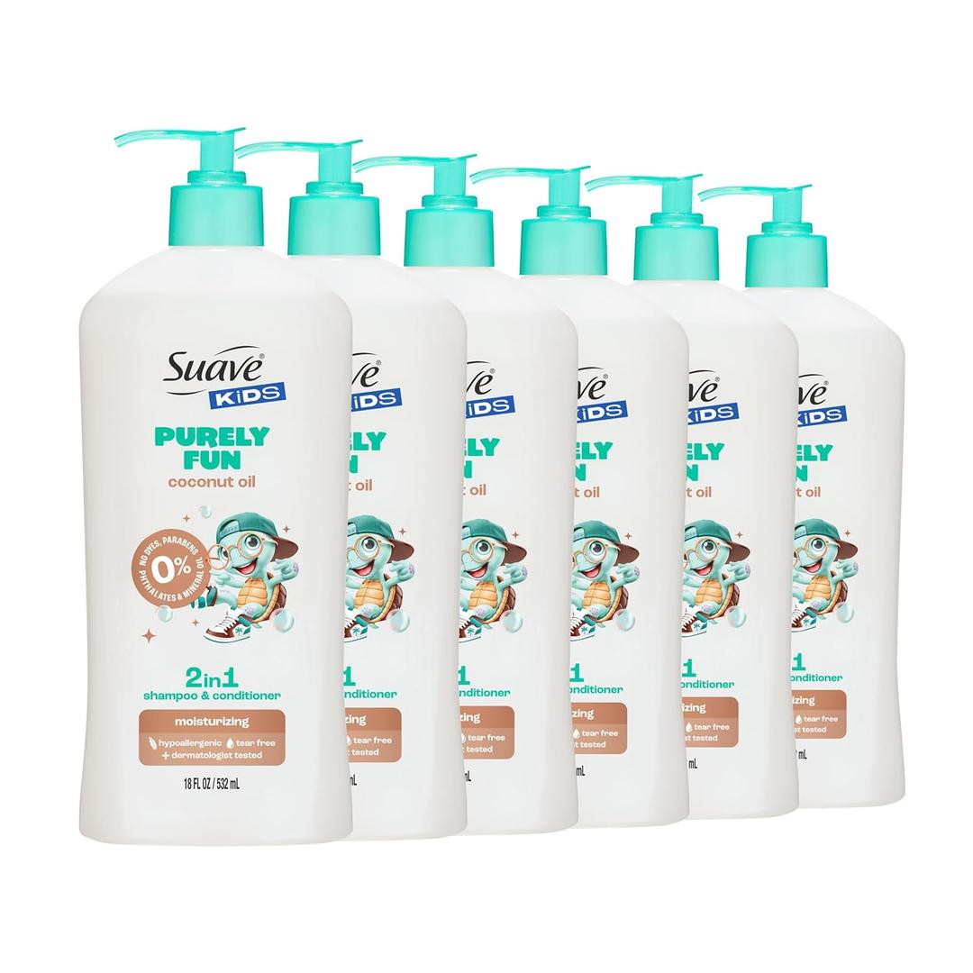 Suave Kids Purely Fun 2 in 1 Shampoo and Conditioner with Coconut Oil, Tear-Free, Hypoallergenic, Gentle Hair Care for Kids with Sensitive Scalps, 6 Count, 18 FL OZ