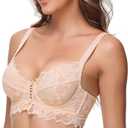 Women Underwire Full Coverage Sexy Lace Everyday See Through Bra No Pad Plus Size Unline Bralette Lingerie (40C, Beige)