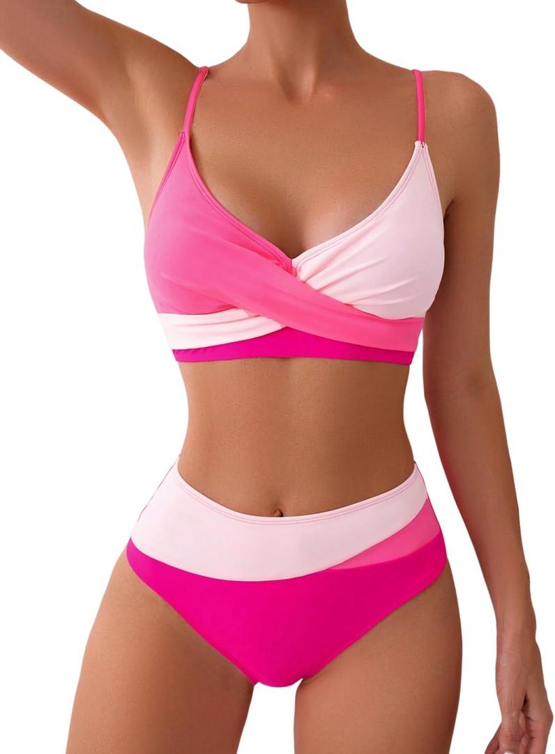 YELAIVP High Waisted Bikini Sets for Women V Neck Bathing Suit for Women Tummy Control Two Piece Swimsuits Swimwear (Medium, 182 Rose Red)