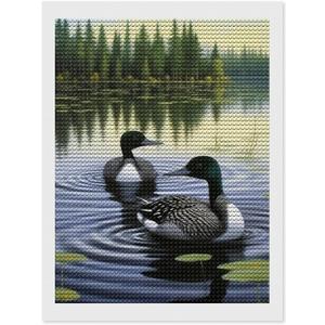 TEERMLLQWA Loons Swimming Lake Lily Pads Diamond Art Painting Art Paint by Numbers 5D Diamond Art Painting Kits DIY Home Office Wall Decor 12"x16"