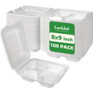 Lucklot 100 Pack Togo 8×9 Inch Disposable 3 Compartment White Clamshell Take Out Containers with Lids, To Go Takeout Lunch Boxes Compostable and Eco-Friendly Biodegradable Bagasse PFAS-Free for Food