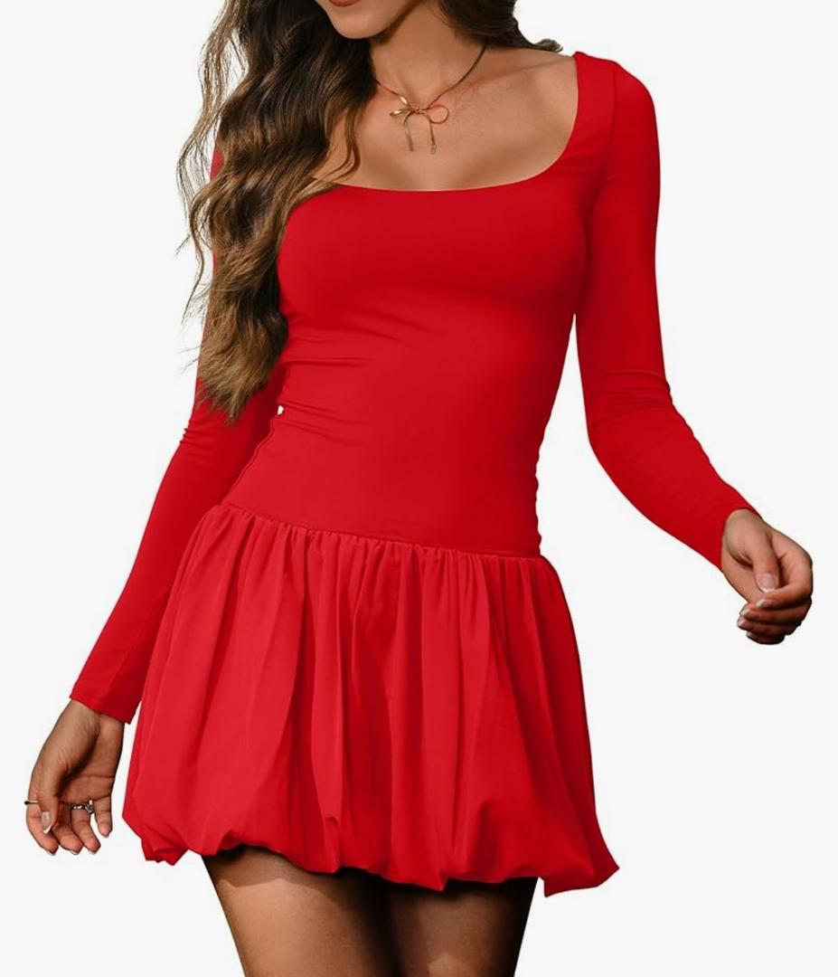 HYPERFIRE Women's Elegant Long Sleeve Scoop Neck Puff Bubble Mini Cocktail Dress Party Club, Red, XL