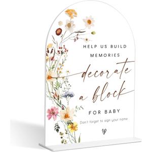 Decorate a Block Sign, Flower Baby Shower Table Decorations for Gender Reveal Party and Baby Shower, Centerpiece Party Decorations, Gender Reveal Gifts, 6X8 Inch Acrylic Arch Sign with Stand,9