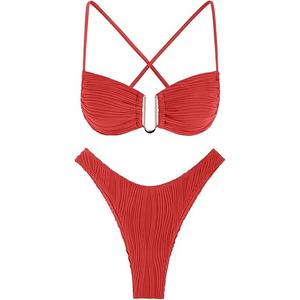ZAFUL Women's Textured Underwire Bikini Set V Notch High Cut Swimwear Tie Side Ribbed Sexy Swimsuits. Red Small