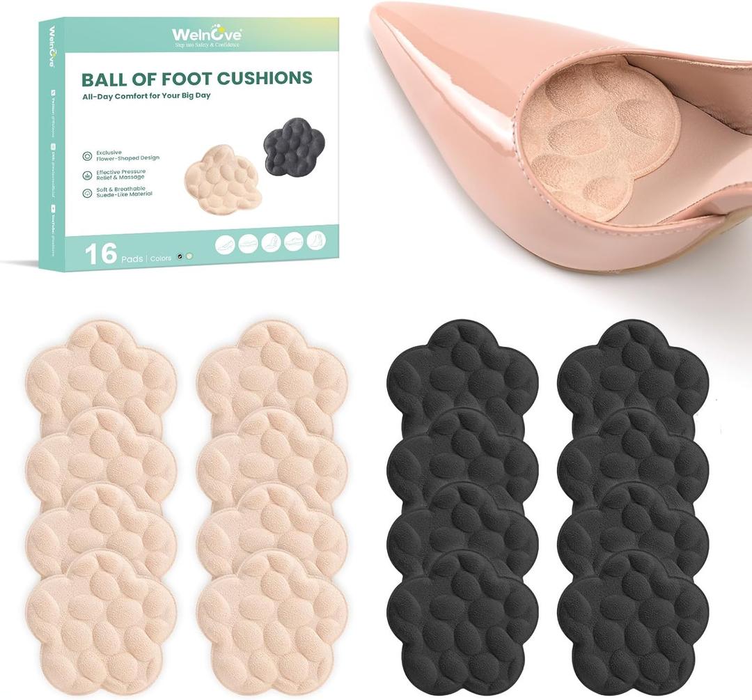 Ball of Foot Cushions for Women - Welnove Floral Design Metatarsal Pads for Pain Relief High Heels Insert Comfort Non Slip Forefoot Cushion for Pumps, Flats, Stilettos (Black & Beige, 8 Pairs) (Multicolor)
