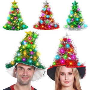 Camlinbo 3 Pcs Christmas Hats, Tinsel Tree Santa Hat with 30 Colored LED Lights, 3 Lighting Modes, Xmas Party Costume Accessories
