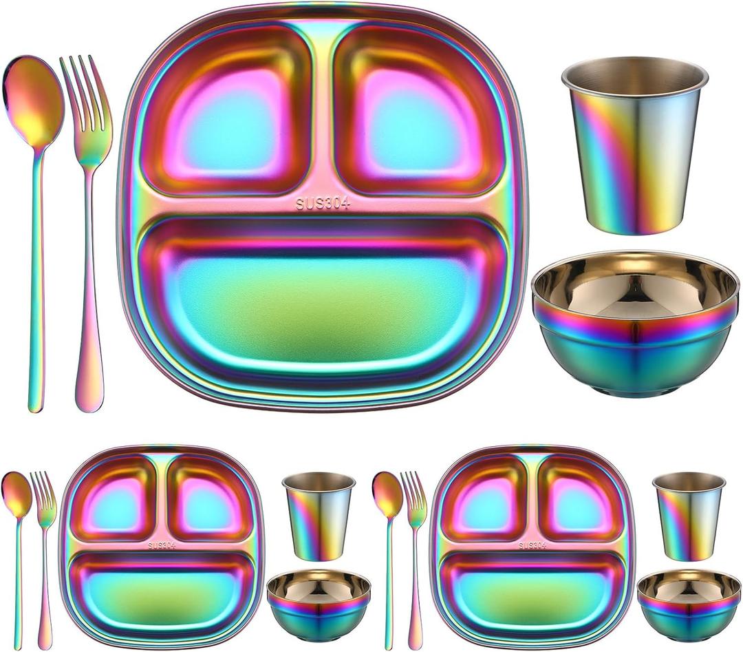 Tioncy 15 Pcs Stainless Steel Kids Dinner Set, 3 Bowls, 3 Balanced Bites Divided Plates, 3 Cups, 3 Spoons and 3 Forks, Stainless Steel Lunch Plates Dinnerware Set for Kids Toddlers (Rainbow,Classic)
