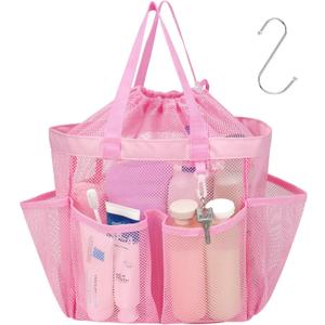 F-color Mesh Shower Caddy Portable with Drawstring - Upgrade Deeper 7 Pockets Dorm Room Essentials for Guys Girls with S Hook, Shower Bag Basket Tote for College Camping Toiletry Bathroom, Pink