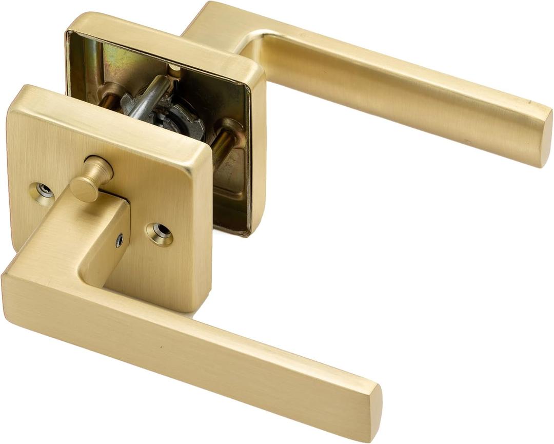 Linkaa Privacy Door Lever Gold Satin Brass Square Door Handle Levers with Lock, Keyless Lock, Privacy Function Exterior/Interior Handles (1 Pack, Privacy (Keyless Lock))