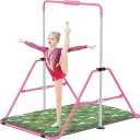 Jivifao Gymnastics Bar with Self-Inflating Mat for Kids, Adjustable Height Gymnastic Horizontal Bars with Mat, Folding Gymnastic Training Monkey Bars, Junior Expandable Training Kip Bar for Home