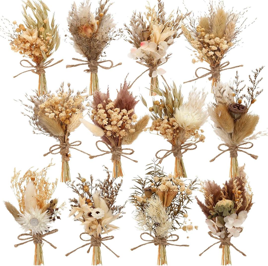 Layhit 12 Pack Boho Dried Flower Bouquet Mini Wedding Handmade Dry Flowers Decor for Vase Crafts DIY Photo Boutonniere for Men Floral Plant for Bridesmaid Gift Birthday Decor(Rustic)