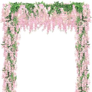 Findosom Wisteria Artificial Flowers Garland, 5Pcs Total 36FT Pink Wisteria Hanging Flowers, Flower Garland Decorations for Home Garden Outdoor Ceremony Wedding Arch Decoration