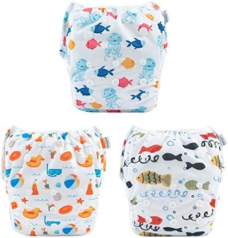 Babygoal Swim Diapers 3 Pack for 8M-3T Babies and Toddlers, Reusable Adjustable Washable for Baby Girl and Boy Swimming Lessons-Fish,Duck L