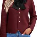 Saodimallsu Womens Button Down Cropped Cardigan Sweaters Cute Bow Long Sleeve Crew Neck Knit Sweater Jacket Coat (X-Large, Burgundy)