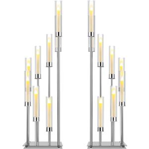 Dandat 41.5" Tall Floor Candelabras, 8-arm Cluster Standing Candle Holders with Clear Acrylic Shades, Silver Wedding Centerpiece Candelabra for Flameless/LED Taper Candles, Party & Event Decor(2 Pack)