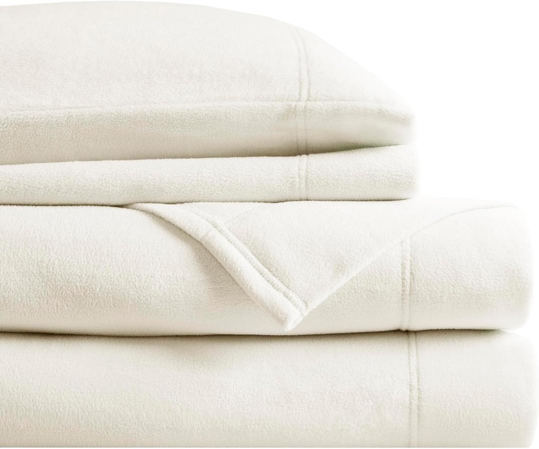 True North by Sleep Philosophy Micro Fleece Bed Sheet Set, Warm, Sheets with 14" Deep Pocket, for Cold Season Cozy Sheet-Set, Matching Pillow Case, Queen, Ivory, 4 Piece
