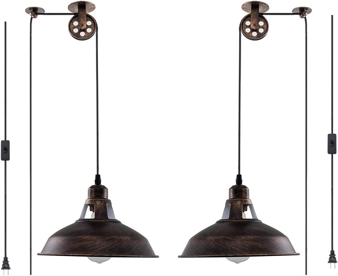 Plug in Pendant Light Industrial Pulley Pendant Lamp E26 Vintage Hanging Light Fixture With 16.4ft Cord On/Off Switch For Pool Table, Houseplant Grow lights, Kitchen Island, Sink 2 Pack Aged Bronze