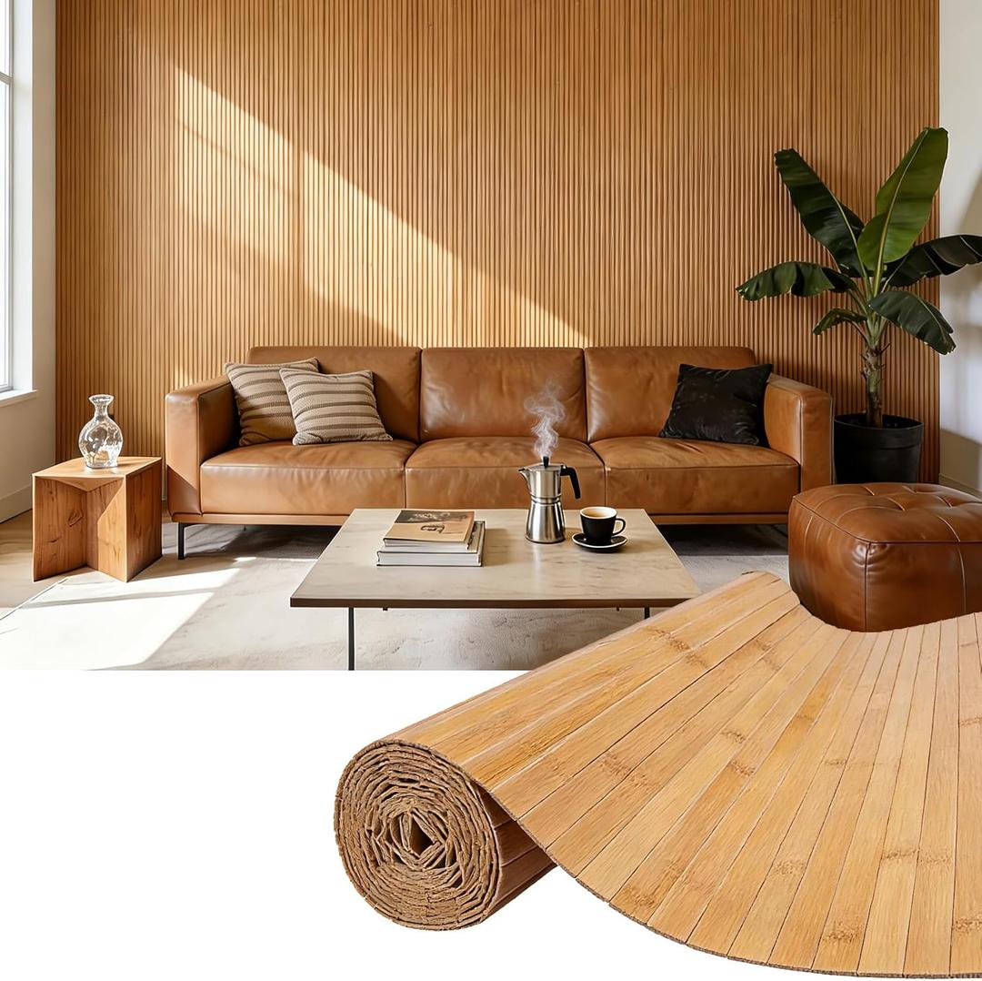 Natural Bamboo Wall Panel for Interior Wall Decor, Pole Wrap Wainscoting Paneling, Eco-Friendly Wall Panels Interior Decor for Living Room, Kitchen Island, Ceiling 16" H x 96" L, Light-carbonized