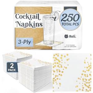 Reli. (250 Count) Cocktail Napkins 3-Ply, White and Gold Beverage Napkins | Disposable | 5 x 5 in. for Small Party, Bar, Wedding | Use for Coffee, Dessert (White/Gold)