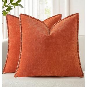 DecorUhome Chenille Soft Cozy Throw Pillow Covers 18x18 Set of 2, Modern Farmhouse Boho Velvet Decorative Pillow Cases with Stitched Edge for Couch Sofa Bed Home Decor, Rust