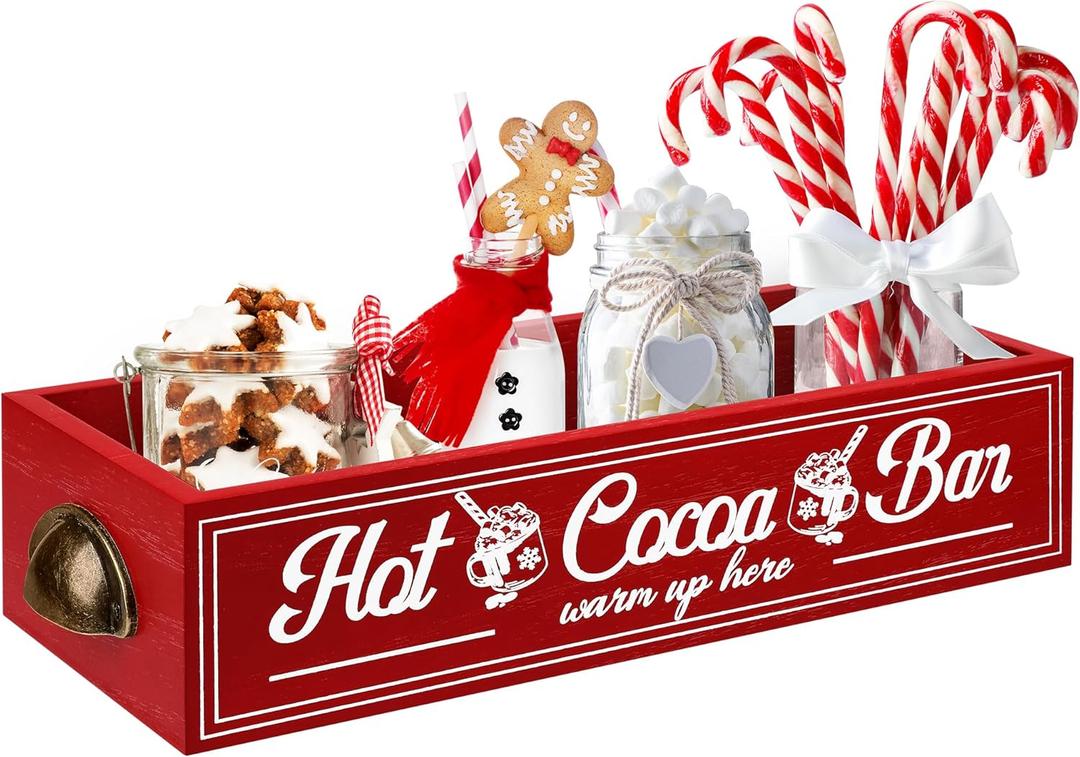 TURSTIN Christmas Hot Cocoa Bar Wood Storage Box Rustic Farmhouse Hot Cocoa Bar Accessories With Handle Decorative Christmas Wood Storage Bins Box Organizer Storage Caddy Xmas Open Holder Box for Home