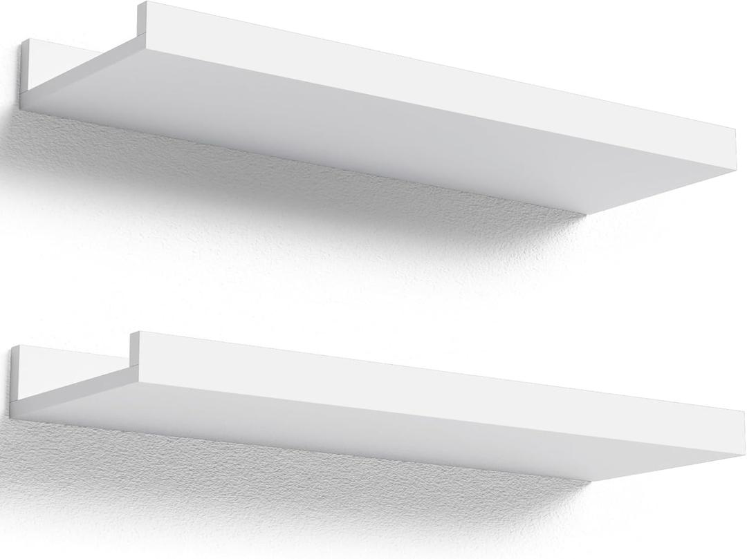 Boswillon Floating Shelves Wall Mounted Set of 2, Modern White Shelves for Bedroom, Nursery Shelves with Lip, Display Picture Ledge Shelf for Wall Decor Living Room Bathroom Kitchen - White
