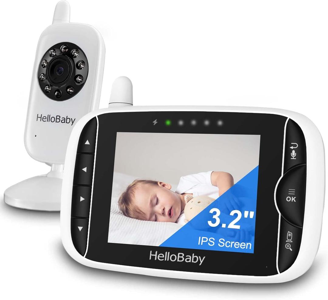 HelloBaby Video Baby Monitor with Camera and Audio, 3.2Inch LCD Display, Infrared Night Vision, Two-Way Audio and Room Temperature Monitoring,Lullaby,Sound Activated Screen