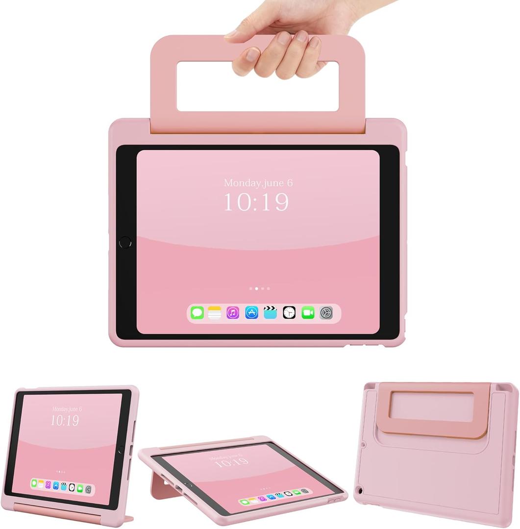 INFILAND Kids Case for iPad 9th/8th/7th Generation 2021/2020/2019 10.2 inch, Durable Soft Shockproof Stand Protective Cover with Pencil Holder/Handle for iPad 7/8/9 Gen (Light Pink)
