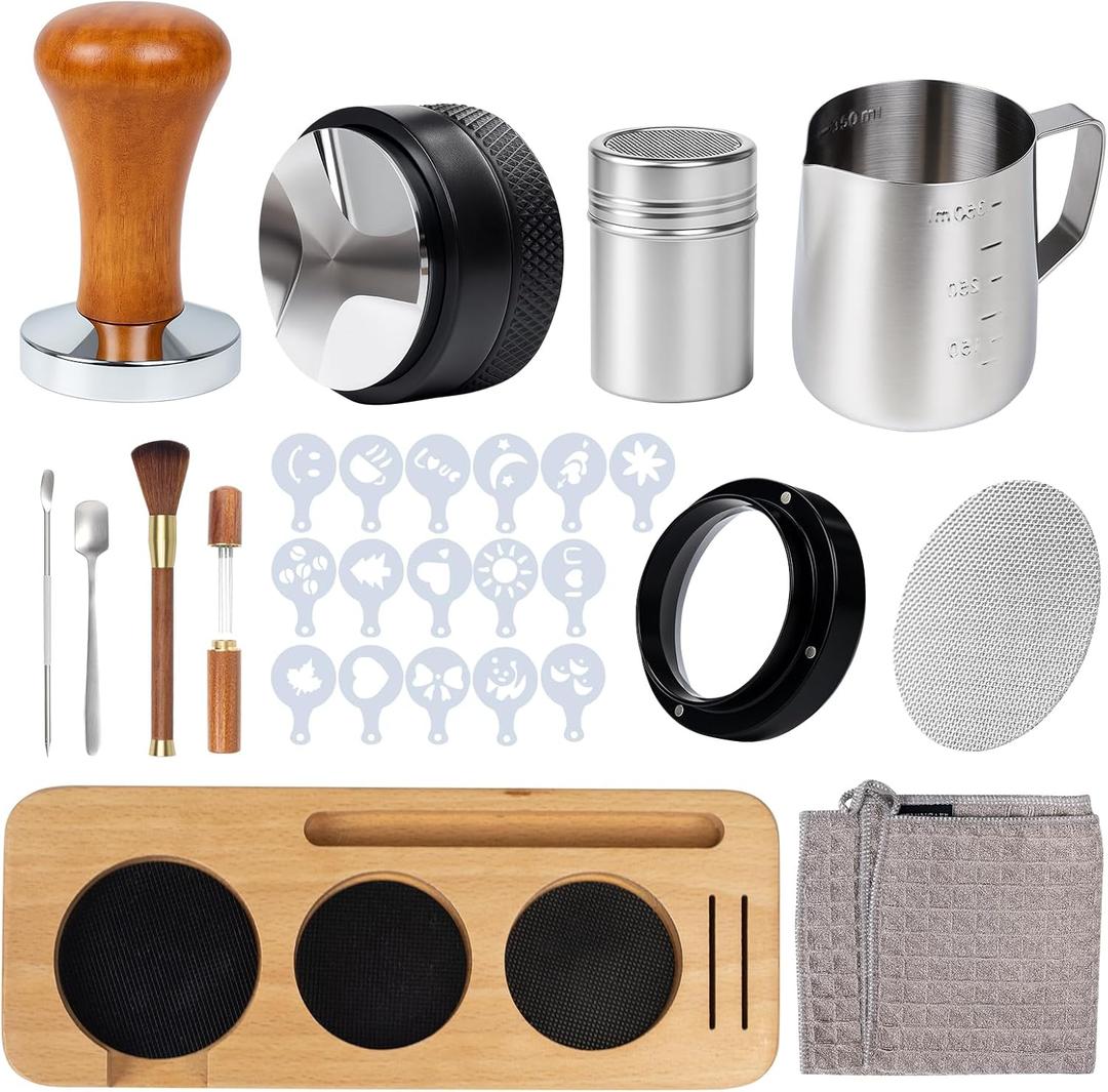 28PCS Espresso Accessories Kit, 51mm Espresso Tamper Tools,Includes Wood Station, Distributor, Stirrer, Dosing Funnel, Brush, Puck Screen, Frothing Pitcher, Latte Pen, Powder Ring, Towel, Decorative Stencils