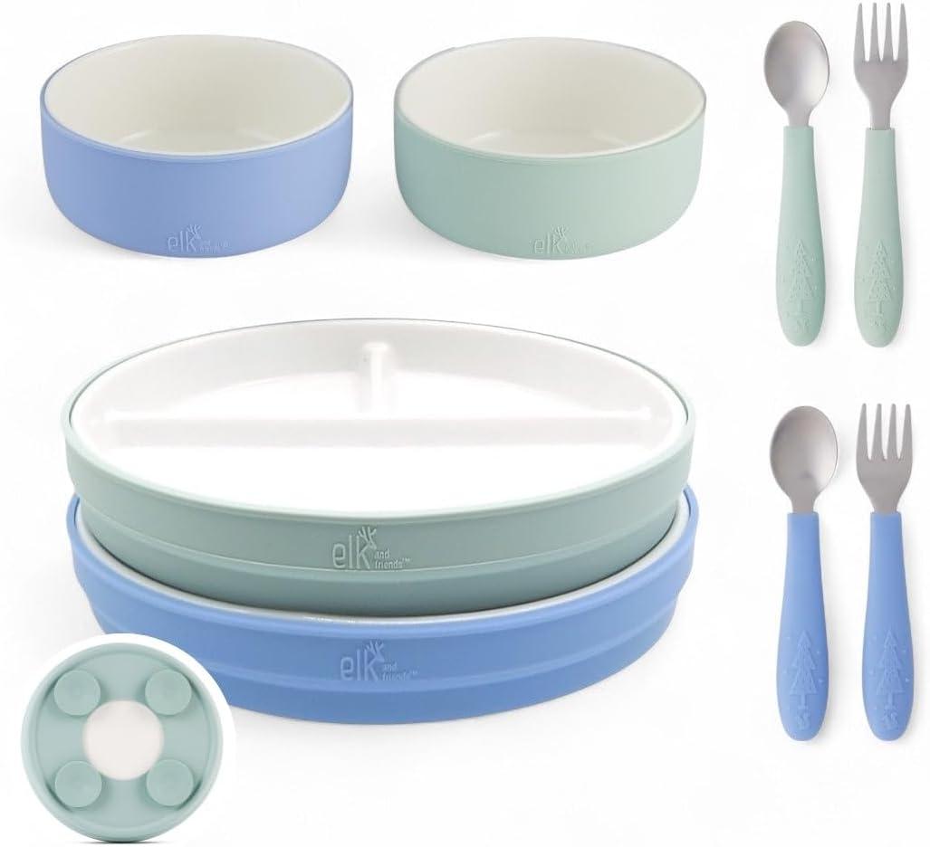 Elk and Friends Kids Porcelain Mealtime Bundle with Suction Sleeves | Plates, Bowls + Toddler Utensils | Silicone Sleeves | For Meals + Snacks | Microwave + Dishwasher Safe (Sage/Misty Blue (Suction Sleeves))