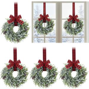 Yunlly 4 Pcs 13.8 Inch Christmas Window Wreaths with Buffalo Plaid Ribbon Artificial Frosted Cypress Wreaths with Pine Cones for Xmas Indoor Outdoor Front Door Kitchen Cabinet Decor