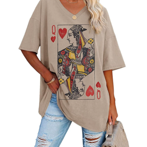 Fazortev Womens Oversized Queen Of Hearts Graphic T Shirts Casual V Neck Half Sleeve Summer Loose Tees Tunic Tops, XL