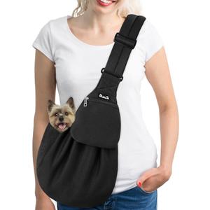 SlowTon Dog Carrier Sling - Thick Padded Shoulder Strap Adjustable Dog Carriers for Small Dogs, Puppy Carrier Purse for Pet Cat with Front Zipper Pocket Safety Belt Machine Washable (Dark Black, M)