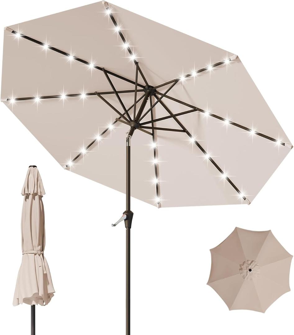 9FT Patio Umbrella with Solar Lights,Outdoor Market Umbrella with Tilt and Crank, LED Lighted Table Umbrella for Garden,Deck,Backyard,Pool,Beach (Beige)