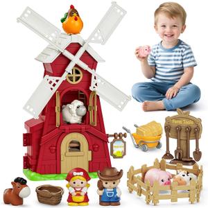 Toddler Toys for 1 2 3 Year Old, Farm Animals Windmill Barn Montessori Educational Toys, Farm Playset with Assorted Pretend Accessories, Christmas Birthday Gift for Baby Boys Girls 12-18 Month
