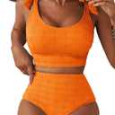Herseas Women's Tummy Control Bikini Sets Push Up Top Seashell Textured Tie Straps Swimsuits High Waisted Scoop Neck Bathing Suits Sporty 2 Piece Sets 2026 Summer Beach Outfits Orange, Medium