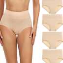 Wirarpa Women's Cotton Underwear High Waisted Ladies Panties Full Coverage Briefs 4 Pack  (XX-Large, Beige - Set 17) + 1 Piece Beige Bra XXL