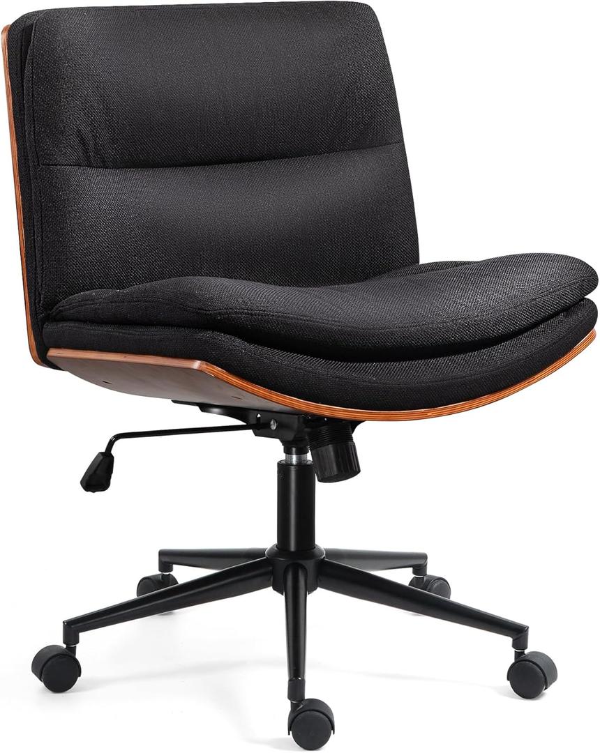 Office Chair, Criss Cross Legged Office Desk Chairs with Wheels, PU Leather Adjustable Wide Swivel Walnut Task Chair with Linen Fabric, Ergonomic Mid Back Computer Chair for Meeting Room, Home (Black Linen and Wooden Frame)