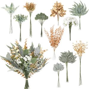 Cindeer 125 Pcs Artificial Greenery Stems Box Set with 11 Kinds of Faux Greenery Stems and Golden Leaves White Flowers Eucalyptus for DIY Bridal Bouquets Arrangement Wedding Home Decor