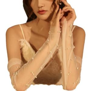 Women Long Fingerless Sheer Wedding Gloves Pearl Tulle Elbow Length Arm Sleeves for Bridal Princess Dress (White)