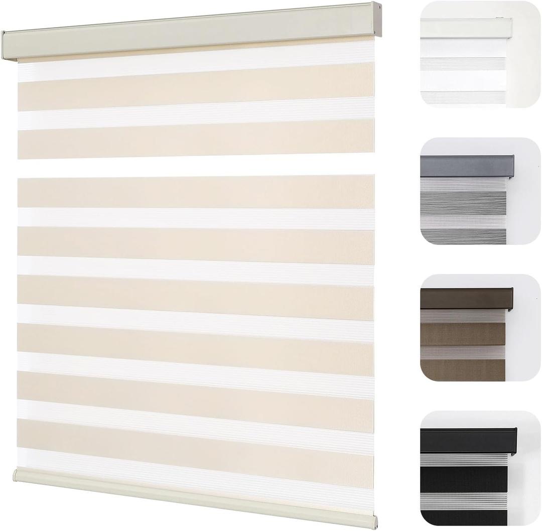 Joydeco Cordless Zebra Blinds for Windows, Dual Layer Light Control Window Blinds with Light-Proof Aluminum Cover, Free-Stop Roller Shades for Home & Office (Beige,26" W x 75" H)