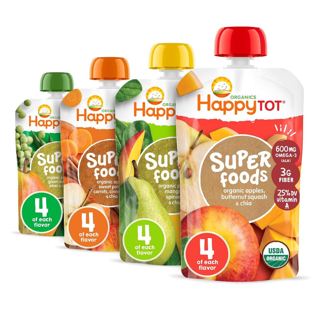 HAPPYTOT Organics Stage 4 Baby Food Pouches, Gluten Free, Vegan Snack, SuperFoods Fruit & Veggie Puree & Chia Variety Pack, 4.22 Ounce (Pack of 16)(EXP 05/16/27)