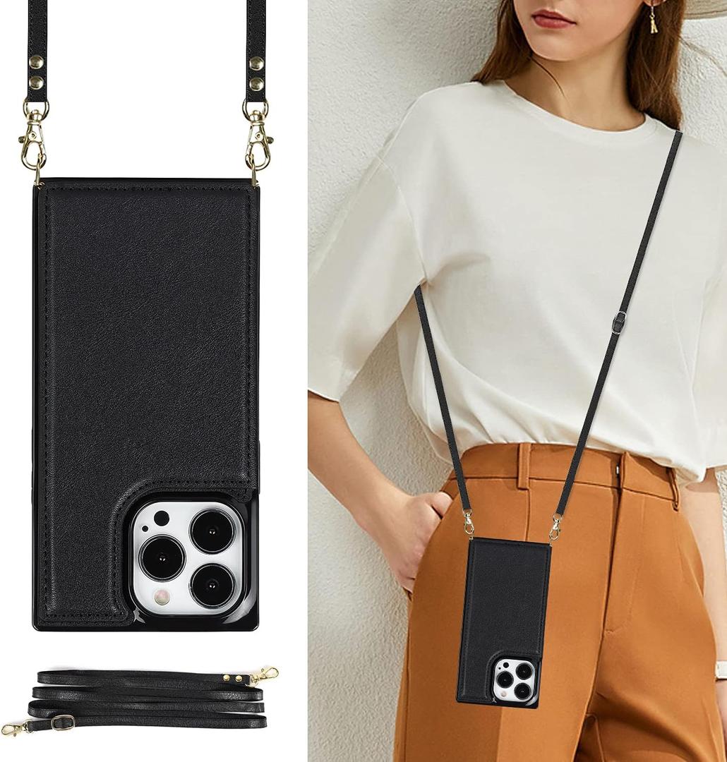 Wallet Case Compatible with iPhone 16 Pro, Crossbody Case RFID Blocking Card Holder Magnetic Flip Folio Purse, Shockproof Leather Strap Case Cover for iPhone 16 Pro 6.3'' 2024 Black