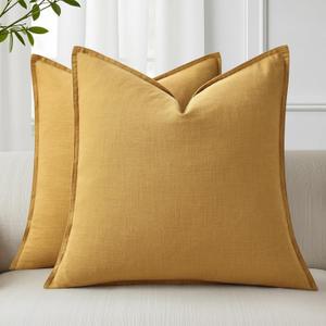 DecorUhome Summer Decorative Linen Throw Pillow Covers 18x18 Inch Set of 2 Mustard Yellow Pillow Covers with Flange Edges Soft Farmhouse Boho Accent Pillow Cases for Couch Bed Living Room