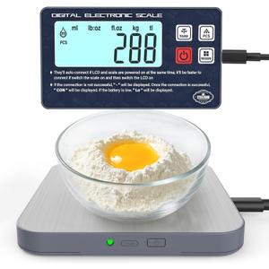 Rechargeable Digital Kitchen Food Scale - Detachable Display Electronic Weight Scale for Bread Making & Coffee Brewing, 304 Stainless Steel Platform, Backlit LCD, Count Mode, Wall-Mount & Tilt Stand