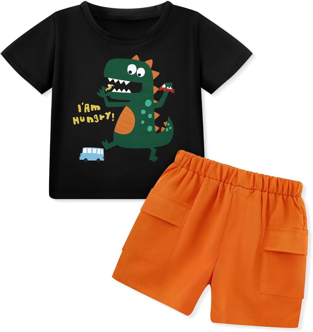 Toddler Baby Boy Summer Clothes Short Sleeve T-Shirt Tops and Elastic Cargo Shorts with Pockets for 18M-6 Years (A Black Orange Dinosaur)