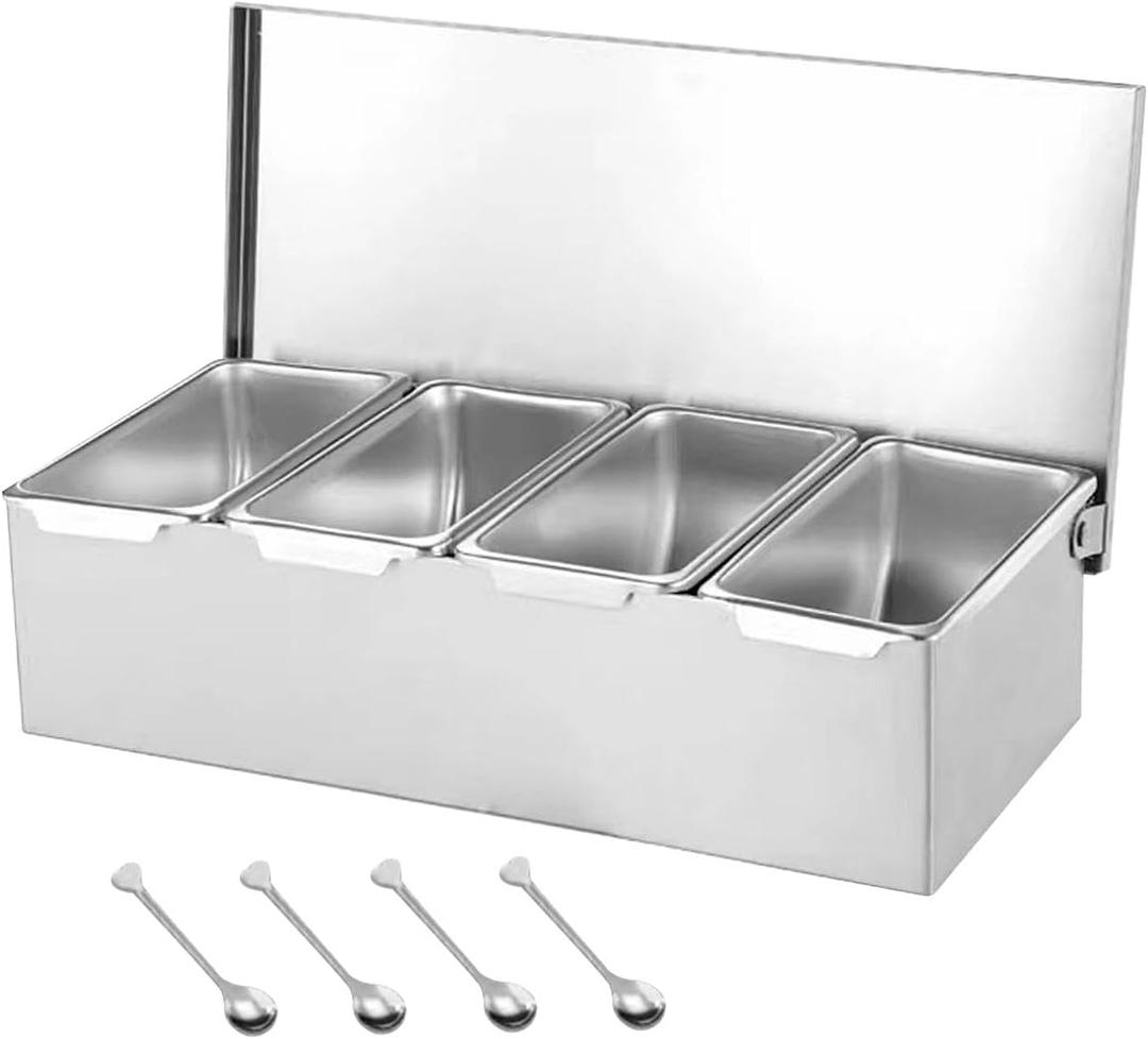 Condiment Jars Seasoning Containers Canisters Spice Pots Multi Compartments Stainless Steel Seasoning Organizer Box for Bar, Four Grids