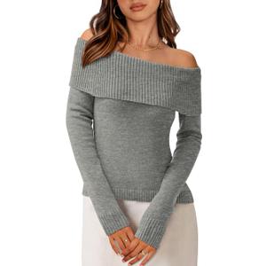 PRETTYGARDEN Off The Shoulder Sweater for Women 2026 Fall Fashion Cute Long Sleeve Tops Winter Ribbed Pullover Knit Outfits (Small, Grey)
