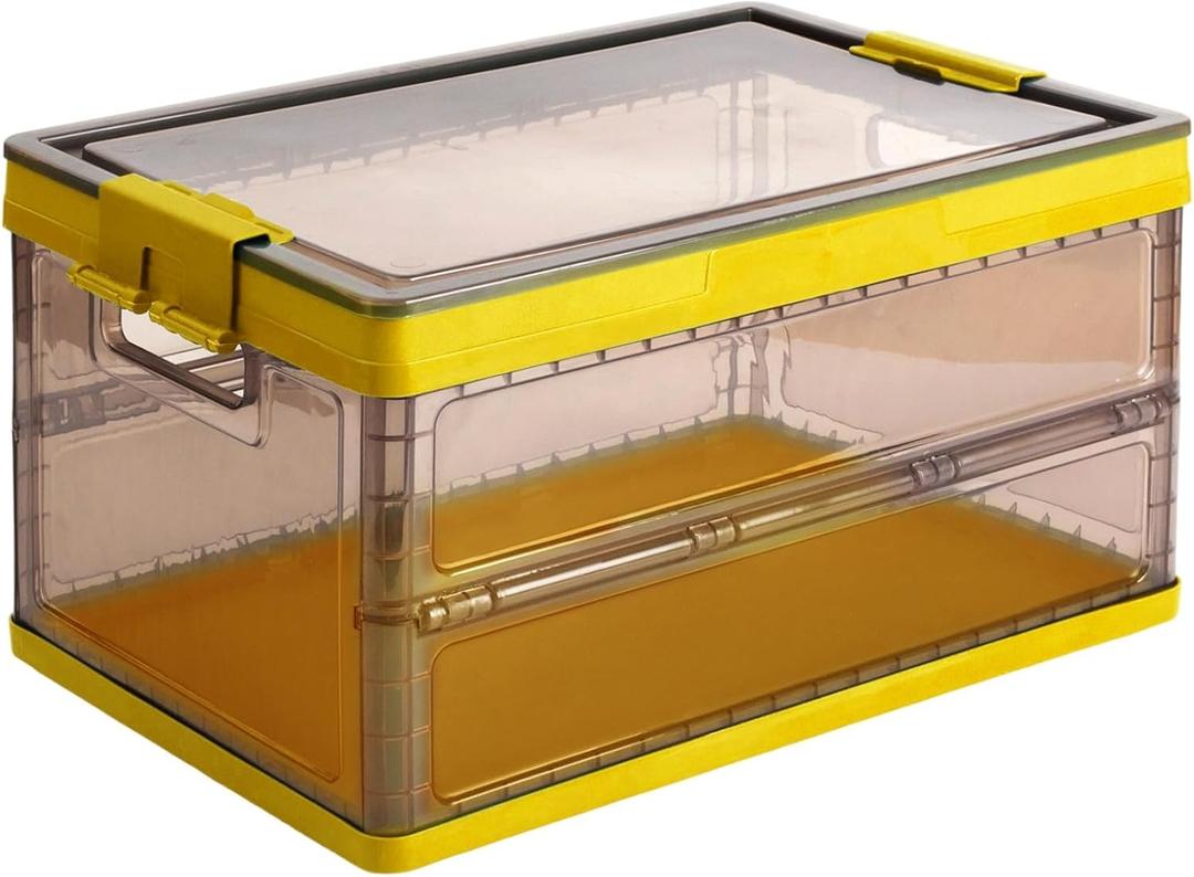 Collapsible Storage Container with Lid and Latches, Clear Stackable Plastic Tote Bin with Handles for Clothes, Sweater, Blanket (Yellow, 7 Gal)