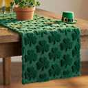 Macarrie St. Patrick's Day Table Runner Green Soft Plush Faux Fur Jacquard Shamrock Tabletop Runner 13 x 72 Inch Clover Seasonal Holiday Kitchen Dining for Home Indoor Mantel Party Decoration